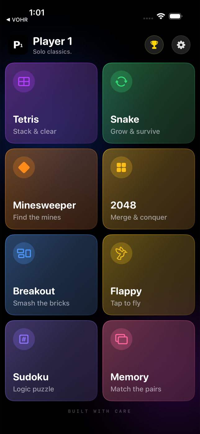 Player 1 home screen showing the eight game cards